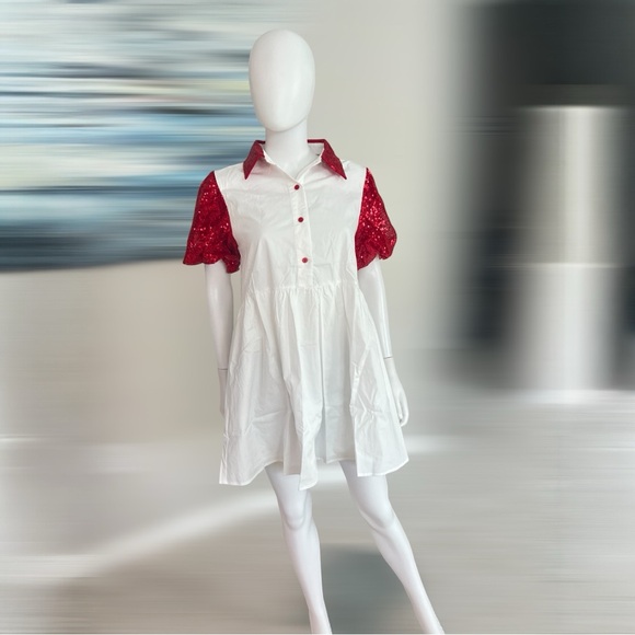 PEACH LOVE CALIFORNIA red sequin puff sleeve Love You dress S M L - Picture 6 of 10